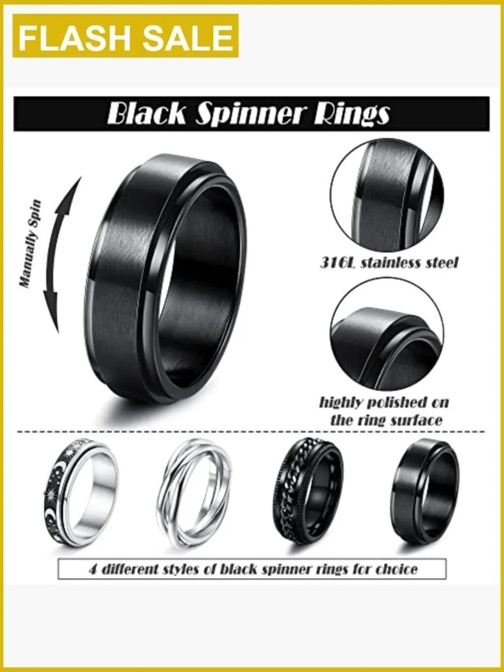 Stainless Steel Fidget Spinner Ring Set - Moon Star Celtic Design, 6 Rings